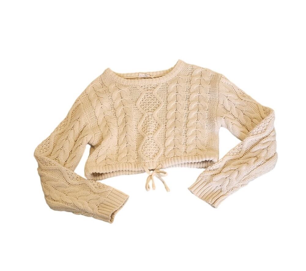 Double Zero Cream Cable Knit Cropped Sweater Tie Hem Long Sleeve Boho